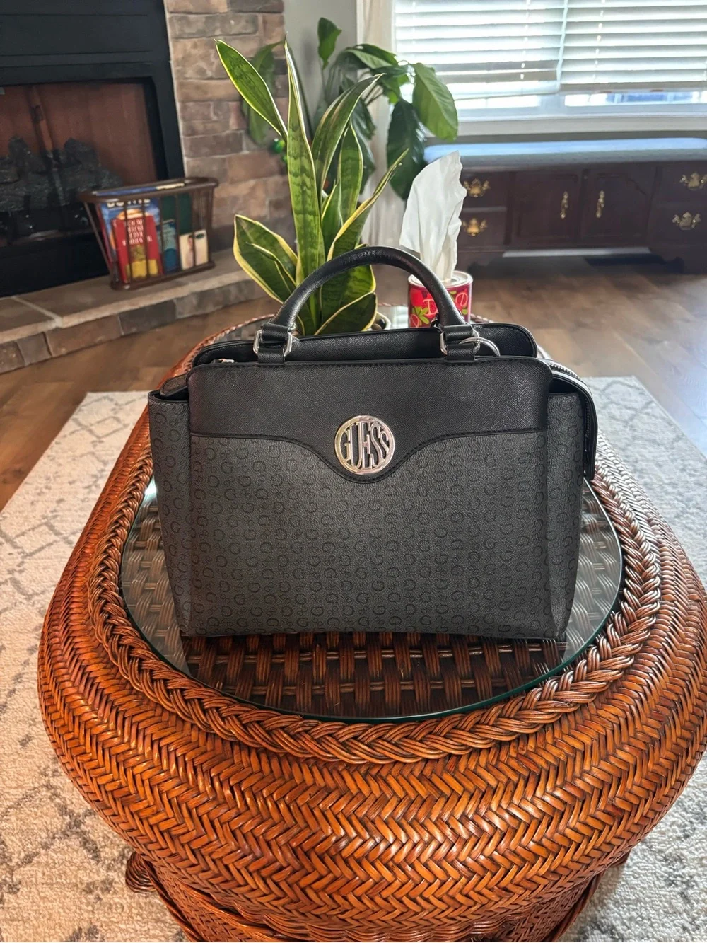 Guess Black Monogram Satchel with Silver Logo Accent